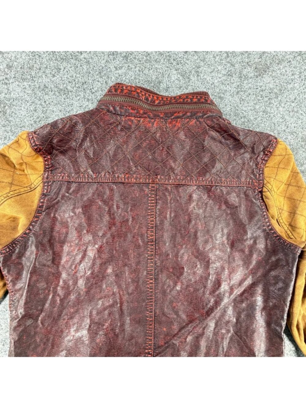 BKE Pieced Full-Zip Jacket Womens XL Burgundy Mustard Faux Leather Ribbed Trim - Picture 7 of 16